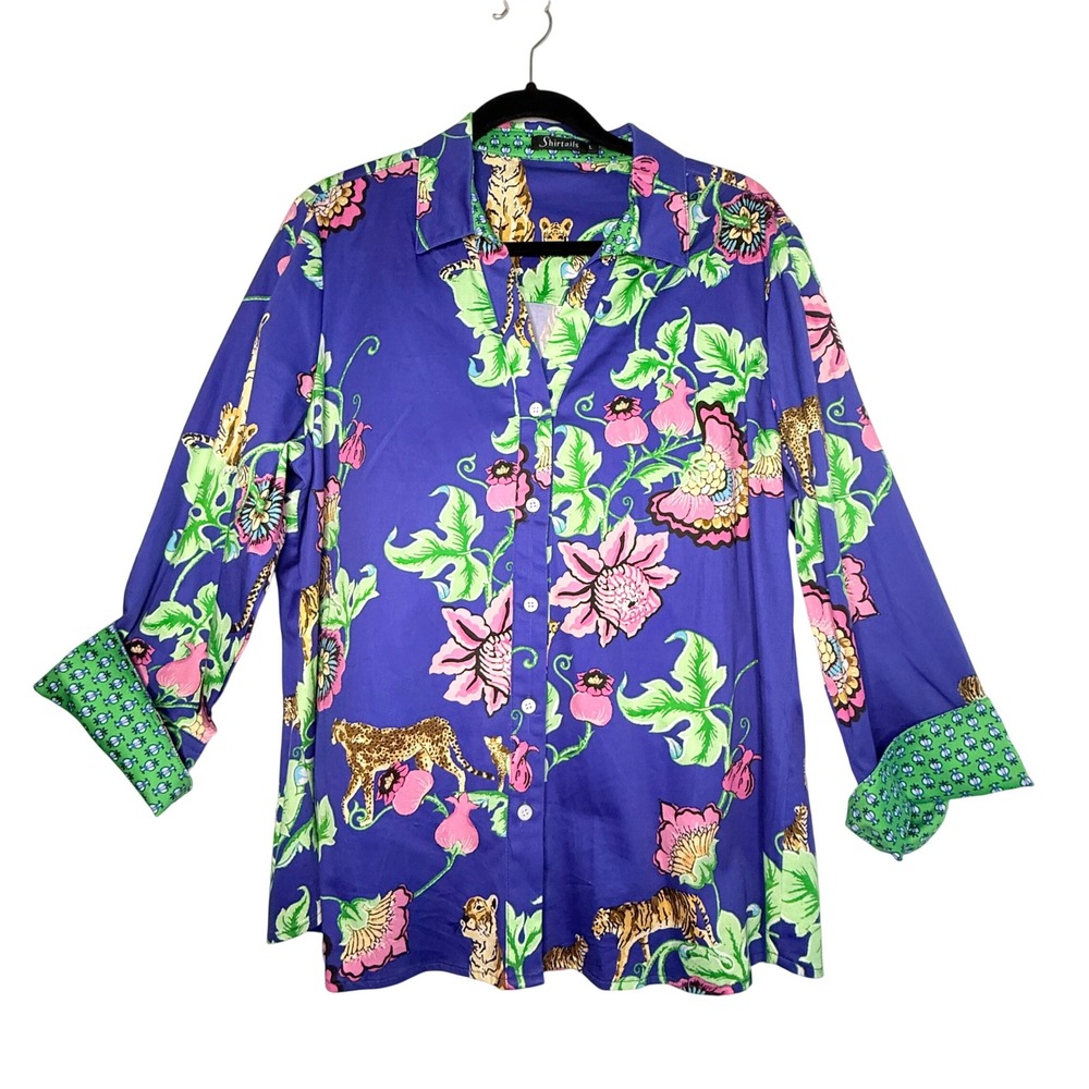 Shirttails Women L Blue Jungle Animal Floral Button Down Shirt Cotton Stretch